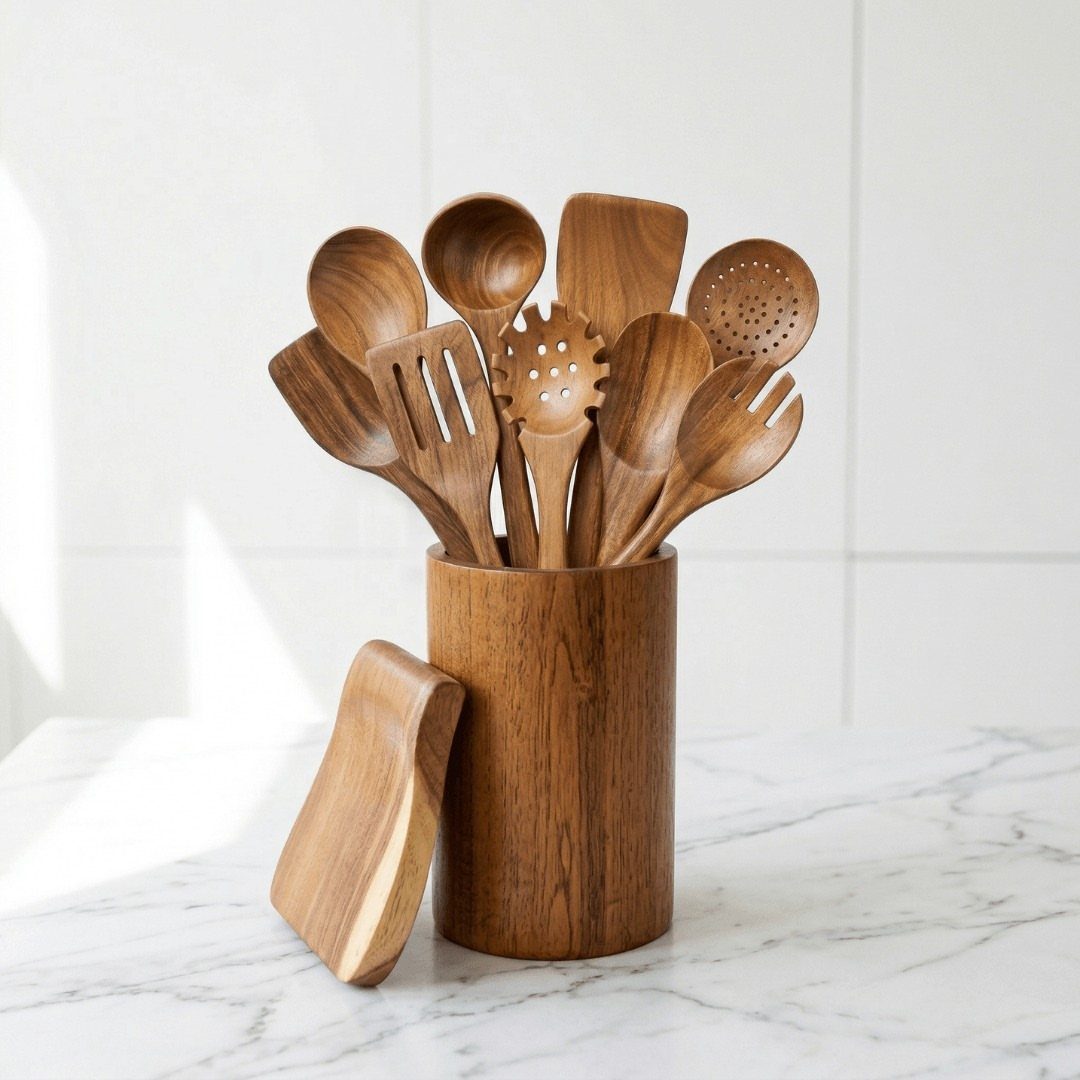 Non Toxic Kitchen Essentials: 10 Pieces That Actually Work 10 Wooden kitchen utensils stored in a matching wooden canister on a marble countertop.