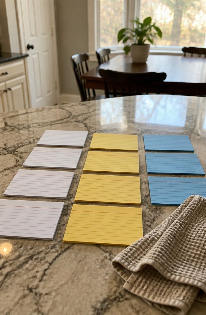 Close-up of index cards labeled with cleaning tasks and time estimates.